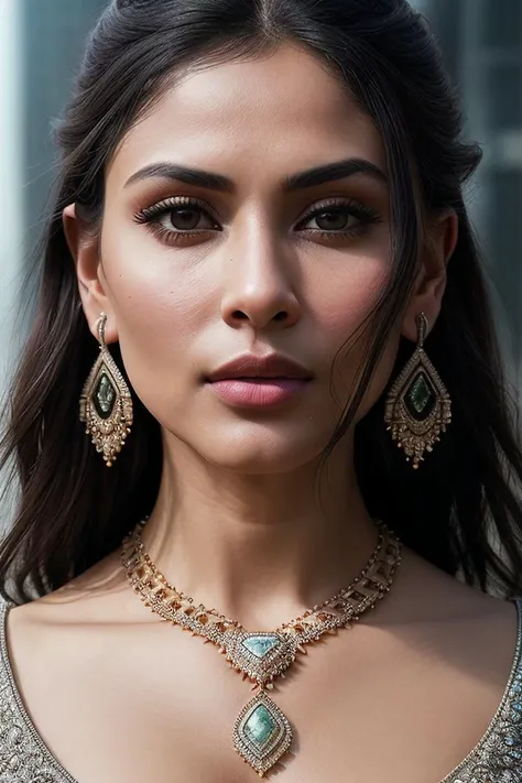 beautiful woman (M0un1R0y:.99), (A-line haircut:1.3) with ((crawler earrings:1.3)), ((earrings and necklace:1.2)), ((portrait)), (closeup:1.2), ((from the waist up)), ((( Futuristic dystopian city viewpoint displaying advanced memory augmentation clinics :1.2 ))), natural skin texture, (( Bustier Top :1.2)), 24mm, 4k textures, soft cinematic light, adobe lightroom, photolab, hdr, intricate, elegant, highly detailed, sharp focus, ((((cinematic look)))), soothing tones, insane details, intricate details, hyperdetailed, low contrast, soft cinematic light, exposure blend, hdr, faded, now, ("I've got a bad feeling about this.":1.1)