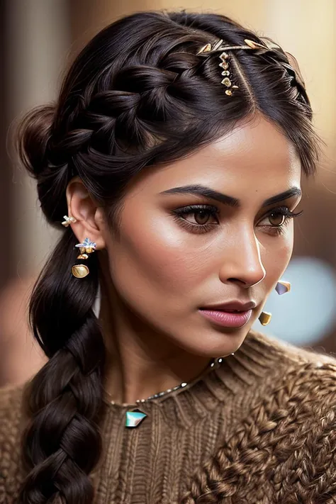 beautiful woman (M0un1R0y:.99), beautiful hair, (( Ash brown braided crown updo hairstyle :1.4)), ((piercing:1.6)), ((portrait)), (closeup:1.2), ((from the waist up)), ((( stage :1.2 ))), natural skin texture, (( Knit top :1.3)), 24mm, 4k textures, soft cinematic light, adobe lightroom, photolab, hdr, intricate, elegant, highly detailed, sharp focus, ((((cinematic look)))), soothing tones, insane details, intricate details, hyperdetailed, low contrast, soft cinematic light, exposure blend, hdr, faded, now, ("I've got a bad feeling about this.":1.1)