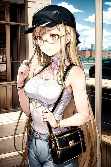 masterpiece, highly detailed, 1girl, monika, outside, tanktop, chic, handbag, purse, jewelry, city, streets, storefront, white cap, sunglasses, sky, clouds