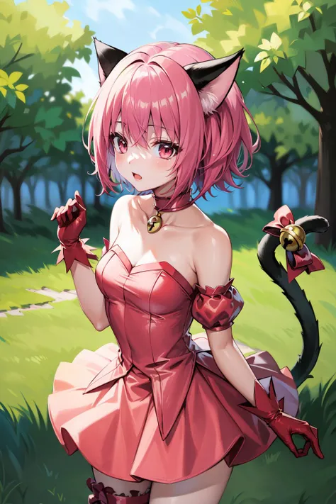 masterpiece, best quality, highres, mi1, tail ornament, tail bow, gloves, cat tail, jingle bell, red gloves, tail bell, choker, detached sleeves, magical girl, pink dress, strapless, <lora:momomiya_ichigo_v2:0.7>, cowboy shot, outdoors, standing