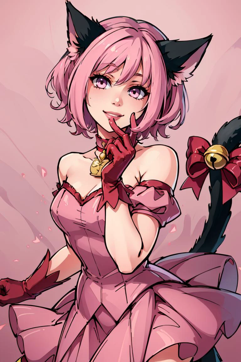 ((masterpiece,best quality)), mi1, tail ornament, tail bow, gloves, smile, cat tail, jingle bell, red gloves, tail bell, choker, detached sleeves, magical girl, pink dress, strapless, <lora:momomiya_ichigo_v1:0.7>, cowboy shot,