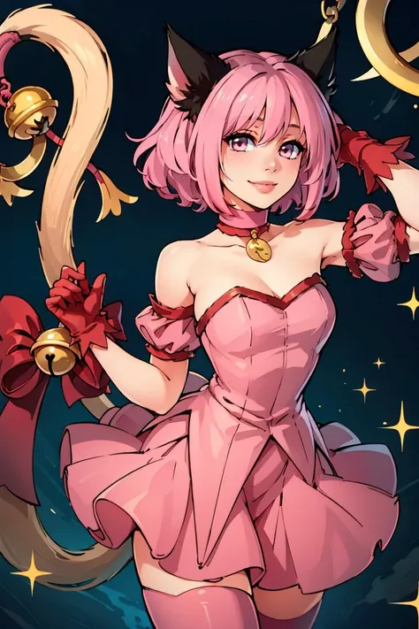 ((masterpiece,best quality)), mi1, tail ornament, tail bow, gloves, smile, cat tail, jingle bell, red gloves, tail bell, choker, detached sleeves, magical girl, pink dress, strapless, <lora:momomiya_ichigo_v1:0.7>, cowboy shot,