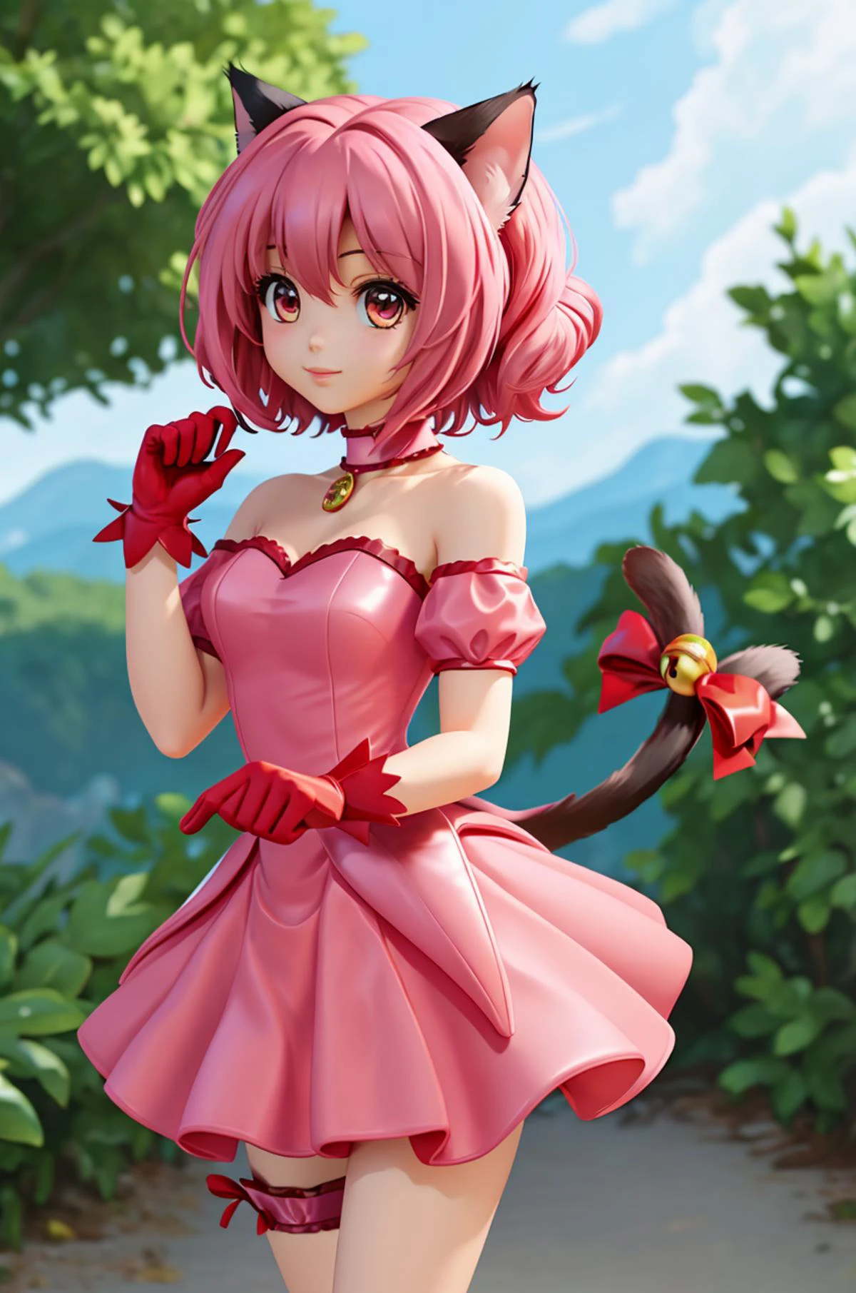 masterpiece, best quality, highres,
mi1, tail ornament, tail bow, gloves, cat tail, jingle bell, red gloves, tail bell, choker, detached sleeves, magical girl, pink dress, strapless, <lora:momomiya_ichigo_v1:0.7>,
cowboy shot, outdoors, standing