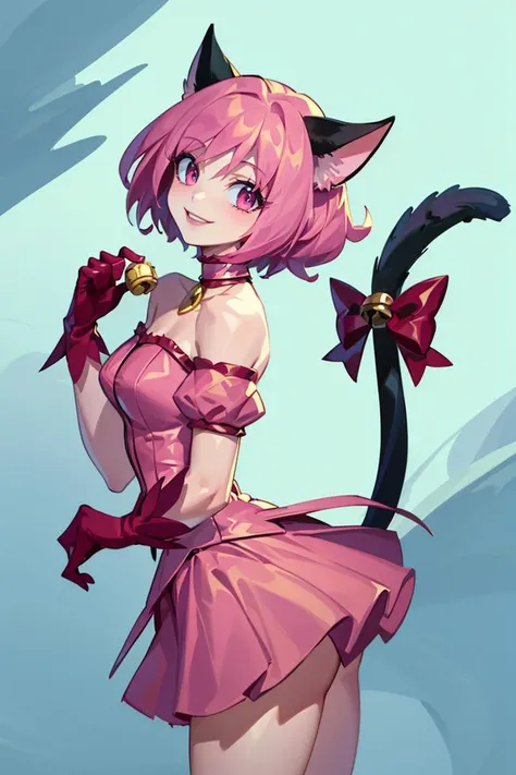 <lora:Iota_v3:0.8>, ((masterpiece,best quality)), mi1, tail ornament, tail bow, gloves, smile, cat tail, jingle bell, red gloves, tail bell, choker, detached sleeves, magical girl, pink dress, strapless, <lora:momomiya_ichigo_v1:0.7>, cowboy shot,