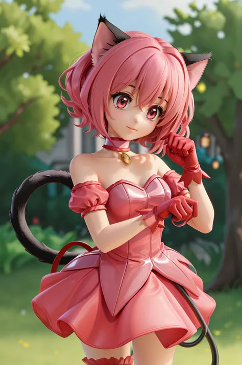 masterpiece, best quality, highres,
mi1, tail ornament, tail bow, gloves, cat tail, jingle bell, red gloves, tail bell, choker, detached sleeves, magical girl, pink dress, strapless, <lora:momomiya_ichigo_v1:0.7>,
cowboy shot, outdoors, standing