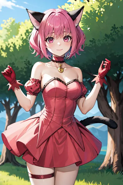 masterpiece, best quality, highres, mi1, tail ornament, tail bow, gloves, cat tail, jingle bell, red gloves, tail bell, choker, detached sleeves, magical girl, pink dress, strapless, <lora:momomiya_ichigo_v1:0.7>, cowboy shot, outdoors, standing