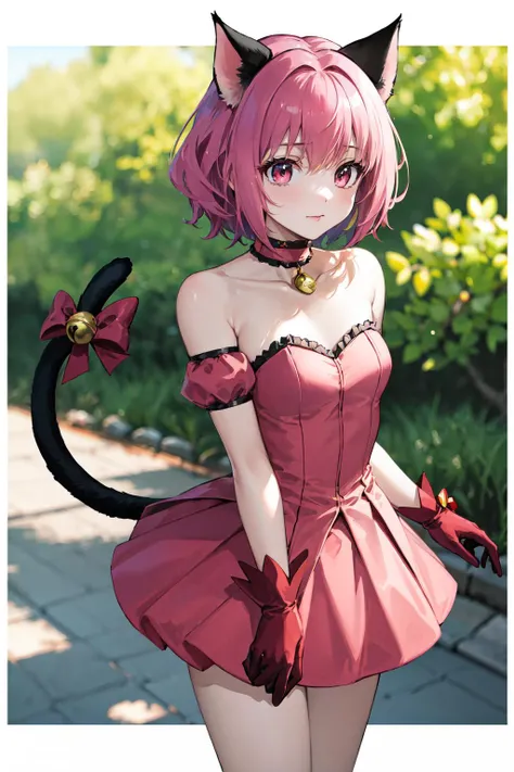 masterpiece, best quality, highres, mi1, tail ornament, tail bow, gloves, cat tail, jingle bell, red gloves, tail bell, choker, detached sleeves, magical girl, pink dress, strapless, <lora:momomiya_ichigo_v1:0.7>, cowboy shot, outdoors, standing