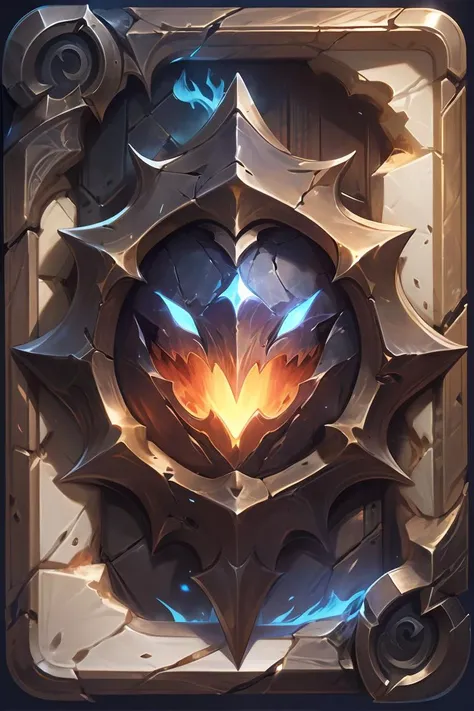 Concept Art,Game Cards,Western Magic Style,Stone relief,no_humans,Glow,Frame,Crack,Solo,Border,Fire,open_mouth,blue_fire,<lora:kapai:0.8>,