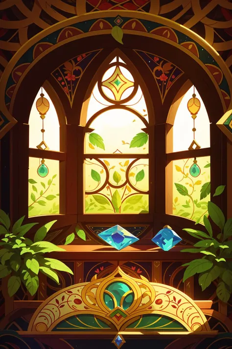 Concept art, game cards, tarot cards, European patterns, fine patterns, no_humans, gemstones, windows, leaves, interiors,<lora:kapai:0.8>,