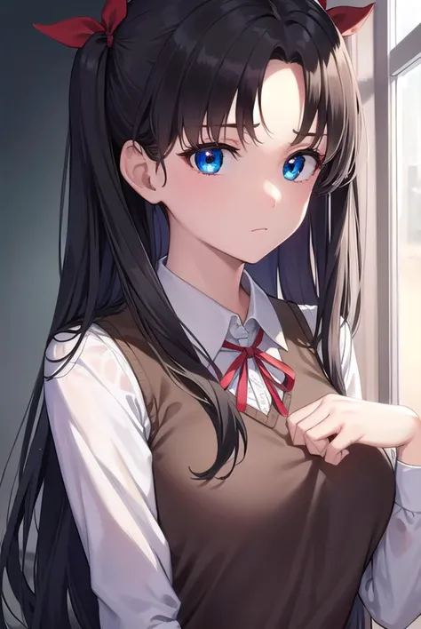 rintohsaka, <lora:rintohsaka-lora-nochekaiser:1>,
rin tohsaka, aqua eyes, (black hair:1.5), hair ribbon, long hair, ribbon, sidelocks, two side up, (parted bangs:1.5),
BREAK (brown sweater vest:1.2), collared shirt, homurahara academy school uniform, neck ribbon, red ribbon, ribbon, school uniform, shirt, sweater vest, white shirt,
BREAK indoors, classroom,
BREAK looking at viewer, cowboy shot, full body,
BREAK <lyco:GoodHands-beta2:1>, (masterpiece:1.2), best quality, high resolution, unity 8k wallpaper, (illustration:0.8), (beautiful detailed eyes:1.6), extremely detailed face, perfect lighting, extremely detailed CG, (perfect hands, perfect anatomy),