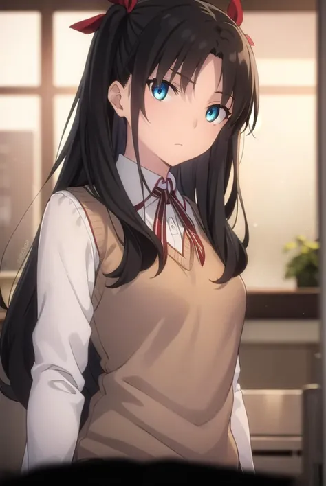 rintohsaka, <lora:rin tohsaka ubw-lora-nochekaiser:1>,
rin tohsaka, aqua eyes, (black hair:1.5), hair ribbon, long hair, ribbon, sidelocks, two side up, (parted bangs:1.5),
BREAK (brown sweater vest:1.2), collared shirt, homurahara academy school uniform, neck ribbon, red ribbon, ribbon, school uniform, shirt, sweater vest, white shirt,
BREAK indoors, classroom,
BREAK looking at viewer, (cowboy shot:1.5)
BREAK <lyco:GoodHands-beta2:1>, (masterpiece:1.2), best quality, high resolution, unity 8k wallpaper, (illustration:0.8), (beautiful detailed eyes:1.6), extremely detailed face, perfect lighting, extremely detailed CG, (perfect hands, perfect anatomy),