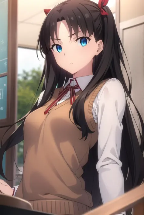 rintohsaka, <lora:rin tohsaka ubw-lora-nochekaiser:1>,
rin tohsaka, aqua eyes, (black hair:1.5), hair ribbon, long hair, ribbon, sidelocks, two side up, (parted bangs:1.5),
BREAK (brown sweater vest:1.2), collared shirt, homurahara academy school uniform, neck ribbon, red ribbon, ribbon, school uniform, shirt, sweater vest, white shirt,
BREAK indoors, classroom,
BREAK looking at viewer, (cowboy shot:1.5)
BREAK <lyco:GoodHands-beta2:1>, (masterpiece:1.2), best quality, high resolution, unity 8k wallpaper, (illustration:0.8), (beautiful detailed eyes:1.6), extremely detailed face, perfect lighting, extremely detailed CG, (perfect hands, perfect anatomy),