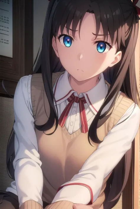 rintohsaka, <lora:rin tohsaka ubw-lora-nochekaiser:1>,
rin tohsaka, aqua eyes, (black hair:1.5), hair ribbon, long hair, ribbon, sidelocks, two side up, (parted bangs:1.5),
BREAK (brown sweater vest:1.2), collared shirt, homurahara academy school uniform, neck ribbon, red ribbon, ribbon, school uniform, shirt, sweater vest, white shirt,
BREAK indoors, classroom,
BREAK looking at viewer, (cowboy shot:1.5)
BREAK <lyco:GoodHands-beta2:1>, (masterpiece:1.2), best quality, high resolution, unity 8k wallpaper, (illustration:0.8), (beautiful detailed eyes:1.6), extremely detailed face, perfect lighting, extremely detailed CG, (perfect hands, perfect anatomy),
