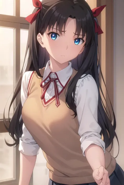 rintohsaka, <lora:rin tohsaka ubw-lora-nochekaiser:1>,
rin tohsaka, aqua eyes, (black hair:1.5), hair ribbon, long hair, ribbon, sidelocks, two side up, (parted bangs:1.5),
BREAK (brown sweater vest:1.2), collared shirt, homurahara academy school uniform, neck ribbon, red ribbon, ribbon, school uniform, shirt, sweater vest, white shirt,
BREAK indoors, classroom,
BREAK looking at viewer, (cowboy shot:1.5)
BREAK <lyco:GoodHands-beta2:1>, (masterpiece:1.2), best quality, high resolution, unity 8k wallpaper, (illustration:0.8), (beautiful detailed eyes:1.6), extremely detailed face, perfect lighting, extremely detailed CG, (perfect hands, perfect anatomy),