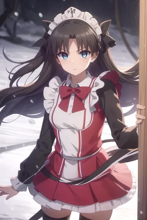 rintohsaka, <lora:rin tohsaka prisma s2s3-lora-nochekaiser:1>,
rin tohsaka, long hair, black hair, two side up, aqua eyes, bow, hair bow,
BREAK thighhighs, dress, frills, black thighhighs, zettai ryouiki, long sleeves, maid, maid headdress, red dress,
BREAK outdoors, snow,
BREAK looking at viewer, (cowboy shot:1.5), dynamic pose,
BREAK <lyco:GoodHands-beta2:1>, (masterpiece:1.2), best quality, high resolution, unity 8k wallpaper, (illustration:0.8), (beautiful detailed eyes:1.6), extremely detailed face, perfect lighting, extremely detailed CG, (perfect hands, perfect anatomy),