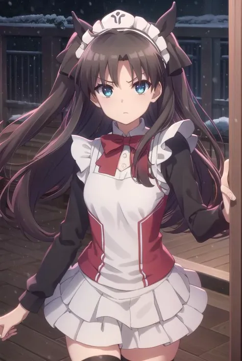 rintohsaka, <lora:rin tohsaka prisma s2s3-lora-nochekaiser:1>,
rin tohsaka, long hair, black hair, two side up, aqua eyes, bow, hair bow,
BREAK thighhighs, dress, frills, black thighhighs, zettai ryouiki, long sleeves, maid, maid headdress, red dress,
BREAK outdoors, snow,
BREAK looking at viewer, (cowboy shot:1.5), dynamic pose,
BREAK <lyco:GoodHands-beta2:1>, (masterpiece:1.2), best quality, high resolution, unity 8k wallpaper, (illustration:0.8), (beautiful detailed eyes:1.6), extremely detailed face, perfect lighting, extremely detailed CG, (perfect hands, perfect anatomy),
