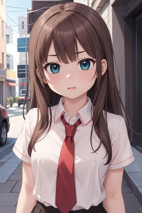 1girl, solo, teal eyes, eyelashes, bangs, dark brown hair, long hair, white schoolgirl outfit, red tie, alley background, upper body focus, :c, angry, blush, <lora:Haruka:0.65>, beautiful character design, perfect eyes, perfect face, expressive eyes, perfect balance,
official art, extremely detailed CG unity 8k wallpaper, perfect lighting, Colorful, Bright_Front_face_Lighting, (masterpiece:1.0),(best_quality:1.0), ultra high res,4K,ultra-detailed, photography, 8K, HDR, highres, absurdres:1.2, Kodak portra 400, film grain, blurry background, professional photograph,
<lora:more_details:0.1>