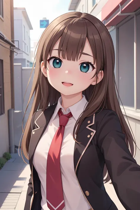 1girl, solo, teal eyes, eyelashes, bangs, breasts, dark brown hair, long hair, white schoolgirl outfit, school jacket, red tie, alley background, upper body focus, selfie pose, happy, blush,  <lora:Haruka:0.75>, beautiful character design, perfect eyes, perfect face, expressive eyes, perfect balance,
official art, extremely detailed CG unity 8k wallpaper, perfect lighting, Colorful, Bright_Front_face_Lighting, (masterpiece:1.0),(best_quality:1.0), ultra high res,4K,ultra-detailed, photography, 8K, HDR, highres, absurdres:1.2, Kodak portra 400, film grain, blurry background, professional photograph, 
<lora:more_details:0.1>