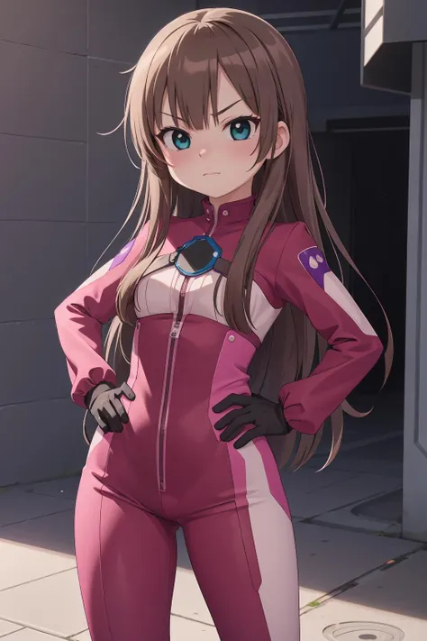 1girl, solo, teal eyes, gloves, bangs, long hair, purple jumpsuit, alley background, hands on hips, :c, angry, blush,  <lora:Haruka:0.9>, beautiful character design, perfect eyes, perfect face, expressive eyes, perfect balance,
official art, extremely detailed CG unity 8k wallpaper, perfect lighting, Colorful, Bright_Front_face_Lighting, (masterpiece:1.0),(best_quality:1.0), ultra high res,4K,ultra-detailed, photography, 8K, HDR, highres, absurdres:1.2, Kodak portra 400, film grain, blurry background, professional photograph, 
<lora:more_details:0.1>