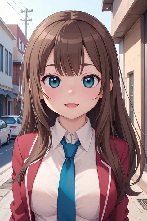 1girl, solo, teal eyes, eyelashes, bangs, breasts, dark brown hair, long hair, white schoolgirl outfit, school jacket, red tie, alley background, upper body focus, selfie pose, happy, blush,  <lora:Haruka:0.75>, beautiful character design, perfect eyes, perfect face, expressive eyes, perfect balance,
official art, extremely detailed CG unity 8k wallpaper, perfect lighting, Colorful, Bright_Front_face_Lighting, (masterpiece:1.0),(best_quality:1.0), ultra high res,4K,ultra-detailed, photography, 8K, HDR, highres, absurdres:1.2, Kodak portra 400, film grain, blurry background, professional photograph, 
<lora:more_details:0.1>