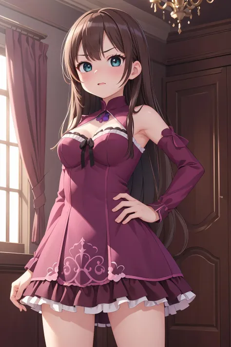 1girl, solo, teal eyes, eyelashes, bangs, breasts, dark brown hair, long hair, purple dress, (luxurious ballroom background:1.15), upper body focus, standing pose, (anger:1.2), blush,  <lora:Haruka:0.65>, beautiful character design, perfect eyes, perfect face, expressive eyes, perfect balance,
official art, extremely detailed CG unity 8k wallpaper, perfect lighting, Colorful, Bright_Front_face_Lighting, (masterpiece:1.0),(best_quality:1.0), ultra high res,4K,ultra-detailed, photography, 8K, HDR, highres, absurdres:1.2, Kodak portra 400, film grain, blurry background, professional photograph, 
<lora:more_details:0.1>