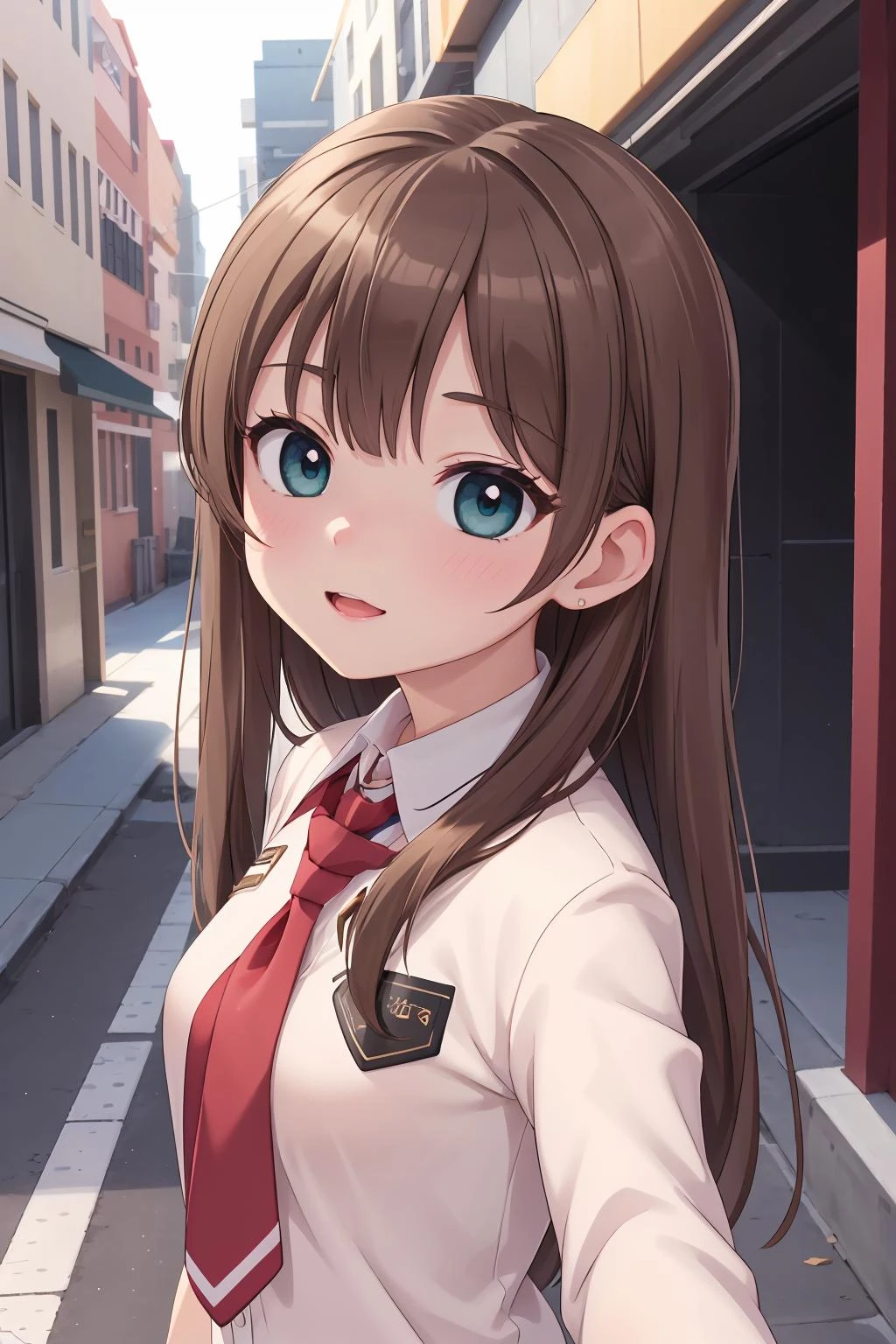 1girl, solo, teal eyes, eyelashes, bangs, breasts, dark brown hair, long hair, white schoolgirl outfit, school jacket, red tie, alley background, upper body focus, selfie pose, happy, blush, <lora:Haruka:0.75>, beautiful character design, perfect eyes, perfect face, expressive eyes, perfect balance,
official art, extremely detailed CG unity 8k wallpaper, perfect lighting, Colorful, Bright_Front_face_Lighting, (masterpiece:1.0),(best_quality:1.0), ultra high res,4K,ultra-detailed, photography, 8K, HDR, highres, absurdres:1.2, Kodak portra 400, film grain, blurry background, professional photograph,
<lora:more_details:0.1>