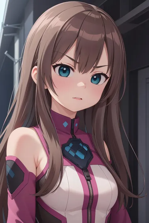 1girl, solo, teal eyes, gloves, bangs, long hair, tight purple jumpsuit, alley background, upper body focus, :c, angry, blush,  <lora:Haruka:0.8>, beautiful character design, perfect eyes, perfect face, expressive eyes, perfect balance,
official art, extremely detailed CG unity 8k wallpaper, perfect lighting, Colorful, Bright_Front_face_Lighting, (masterpiece:1.0),(best_quality:1.0), ultra high res,4K,ultra-detailed, photography, 8K, HDR, highres, absurdres:1.2, Kodak portra 400, film grain, blurry background, professional photograph, 
<lora:more_details:0.1>