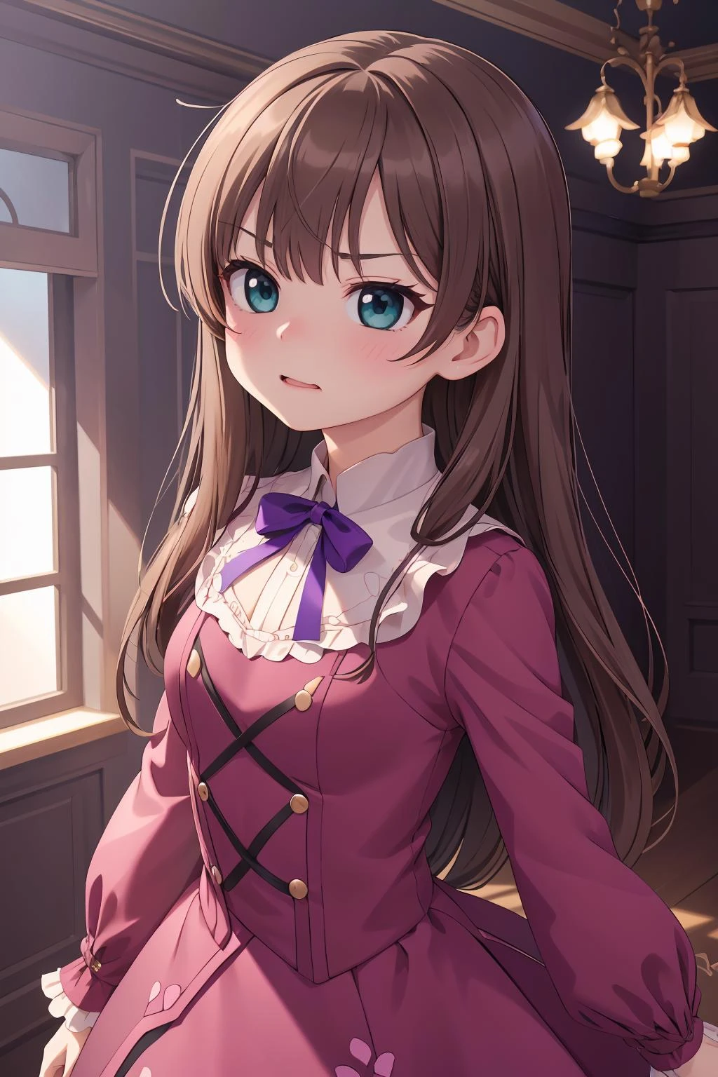 1girl, solo, teal eyes, eyelashes, bangs, dark brown hair, long hair, purple dress, lace, ribbons, (luxurious ballroom background:1.15), upper body focus, standing pose, (portrait:1.2), (anger:1.2), blush, <lora:Haruka:0.65>, beautiful character design, perfect eyes, perfect face, expressive eyes, perfect balance,
official art, extremely detailed CG unity 8k wallpaper, perfect lighting, Colorful, Bright_Front_face_Lighting, (masterpiece:1.0),(best_quality:1.0), ultra high res,4K,ultra-detailed, photography, 8K, HDR, highres, absurdres:1.2, Kodak portra 400, film grain, blurry background, professional photograph,
<lora:more_details:0.1>