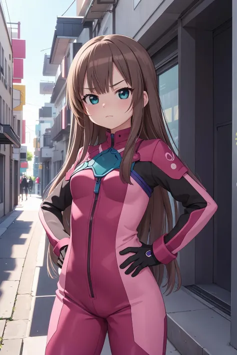 1girl, solo, teal eyes, gloves, bangs, long hair, purple jumpsuit, alley background, hands on hips, :c, angry,  <lora:Haruka:0.9>, beautiful character design, perfect eyes, perfect face, expressive eyes, perfect balance,
official art, extremely detailed CG unity 8k wallpaper, perfect lighting, Colorful, Bright_Front_face_Lighting, (masterpiece:1.0),(best_quality:1.0), ultra high res,4K,ultra-detailed, photography, 8K, HDR, highres, absurdres:1.2, Kodak portra 400, film grain, blurry background, professional photograph, 
<lora:more_details:0.1>