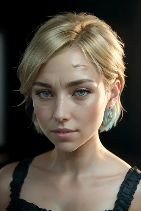 photoshoot of nfnr1 , (blonde hair), (pixie cut), , detailed skin texture, (blush:0.2), (goosebumps:0.3), (light blue dress), subsurface scattering, Photorealistic, Hyperrealistic, Hyperdetailed, analog style, hip cocked, demure, detailed skin, matte skin, soft lighting, subsurface scattering, realistic, heavy shadow, masterpiece, best quality, ultra realistic, 8k, golden ratio, Intricate, High Detail, film photography, soft focus