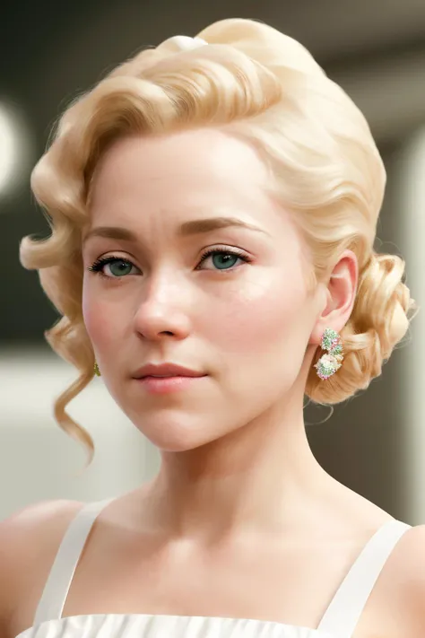 a photo of nfnr1 wearing a milk maid dress, (light pink milk maid dress), (upright pin curl hairstyle), (blonde hair), (kitchen background), elegant, highly detailed. vibrant, photorealistic, realistic, sharp focus, 8k