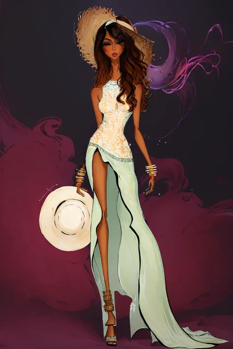 tariq,
nsfw, nipples, sexy,
illustration, ink color, watercolor,
super long legs,
1girl, solo, long hair, brown hair, hat, white background, dress, jewelry, dark skin, white dress, dark-skinned female, sandals, headwear removed, curly hair, hat removed, anklet, hat in hand,
<lora:anumtariq-04:1.2>