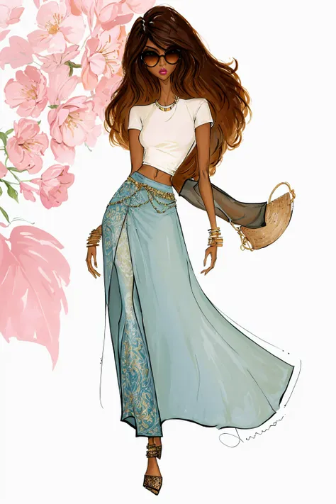 tariq,
illustration, ink color, watercolor,
super long legs,
1girl, solo, long hair, looking at viewer, skirt, simple background, brown hair, shirt, white background, jewelry, midriff, pants, dark skin, bracelet, lips, crop top, sunglasses, red shirt, long skirt,
<lora:anumtariq-04:1>