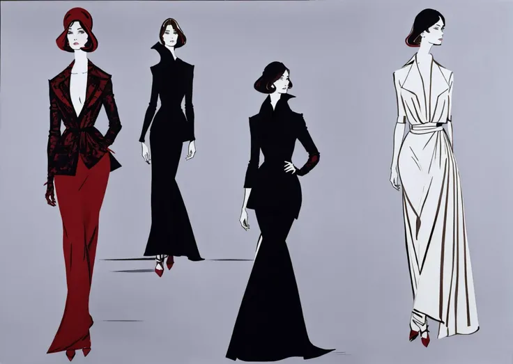 <lora:ts-å·´é»æ¶è£å¨:0.4>, t-s,full body, illustration by Jacqueline bissett <lora:bissett-02:0.9> , model wearing  high fashion, solo focus, expressive,  high fashion,  haute couture, tariq  <lora:fashion:0.5>