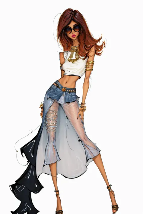 tariq, 
nsfw, nipples, sexy,
illustration, ink color, watercolor,  
super long legs, 
1girl, solo, long hair, looking at viewer, skirt, simple background, , white background, jewelry, midriff, pants, bracelet, lips, crop top, sunglasses, frilled red shirt, frilled  skirt
<lora:anumtariq-04:1>  <lora:hipoly3DModelLora_v10 (1):0.3>