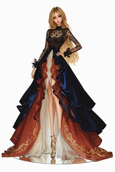 tariq, illustration, ink color, watercolor,
see through,  sexy, frilled, ornamental, 
 super long legs, 1girl, solo, long hair, looking at viewer, skirt, blonde hair, simple background, shirt, long sleeves, white background, standing, full body, hair over one eye, high heels, hand on hip, long skirt,
 <lora:anumtariq-01:0.95>