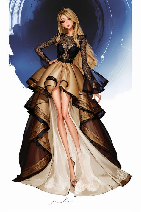 tariq,
illustration, ink color, watercolor, white background,
super long legs,
1girl, solo, blue eyes, blonde hair, simple background, brown hair, thighhighs, white background, dress, bare shoulders, jewelry, standing, full body, earrings, shoes, hair bun, hair over one eye, high heels, legs, makeup, single hair bun, tiara, lipstick, fishnets,
<lora:anumtariq-04:1>