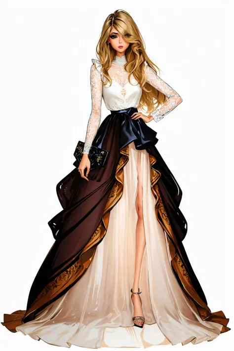 tariq, illustration, ink color, watercolor,
see through,  sexy, frilled, ornamental, 
 super long legs, 1girl, solo, long hair, looking at viewer, skirt, blonde hair, simple background, shirt, long sleeves, white background, standing, full body, white shirt, hair over one eye, high heels, hand on hip, long skirt,
 <lora:anumtariq-01:1>
