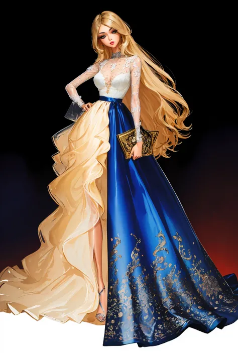 tariq, illustration, ink color, watercolor,
see through, sexy, frilled, ornamental,
super long legs, 1girl, solo, long hair, looking at viewer, skirt, blonde hair, simple background, shirt, long sleeves, white background, standing, full body, hair over one eye, high heels, hand on hip, long skirt,
<lora:anumtariq-01:0.95>