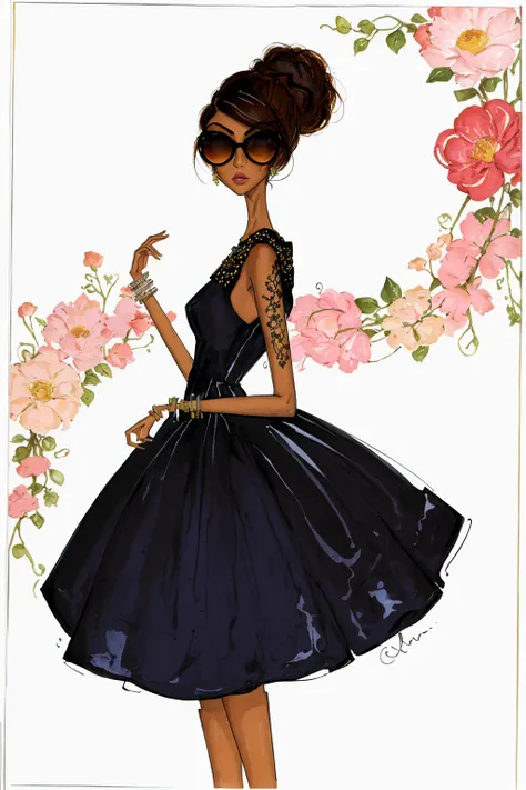 tariq,
illustration, ink color, watercolor,
super long legs,
1girl, solo, brown hair, black hair, dress, jewelry, dark skin, hair bun, bracelet, dark-skinned female, red dress, sunglasses,
<lora:anumtariq-04:1>