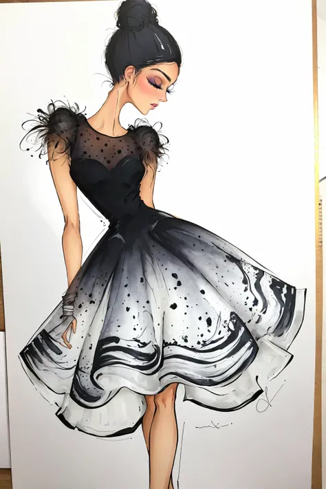 tariq,
illustration, ink color, watercolor, white background,
super long legs,
1girl, solo, simple background, white background, dress, monochrome, closed eyes, greyscale, hair bun, profile, makeup, traditional media, single hair bun, ballerina, tutu,
<lora:anumtariq-04:1>