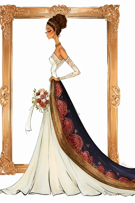 tariq, 
illustration, ink color, watercolor,  
super long legs, 
1girl, solo, simple background, brown hair, white background, dress, bare shoulders, jewelry, standing, full body, closed eyes, hair bun, white dress, from side, profile, arms behind back, wedding dress, updo,
<lora:anumtariq-04:1>