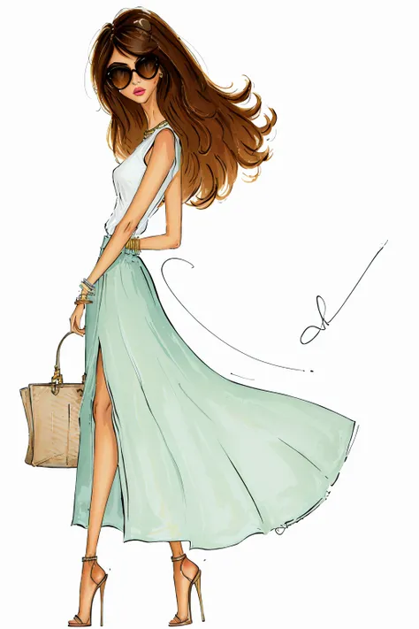tariq, 
illustration, ink color, watercolor,  white background, 
super long legs, 
1girl, solo, long hair, skirt, simple background, brown hair, shirt, white background, holding, jewelry, full body, white shirt, sleeveless, signature, bag, high heels, bracelet, lips, sleeveless shirt, traditional media, sunglasses, handbag,
<lora:anumtariq-04:1>