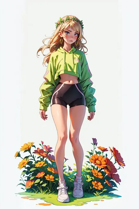 tariq, illustration, ink color, watercolors, 1girl, solo, long legs, catwalk, full body shot, nubile, athleisure, medium blonde, mismatched earrings, flower crown, white background, <lora:add_detail:1>, <lora:anumtariq-04:1>, <lora:fashigirl-v5.5:0.8>