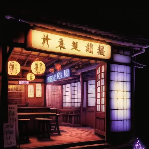 magical japanese tea house with neon lights on in the background, <lora:orcGirlLora_v10:0.8>