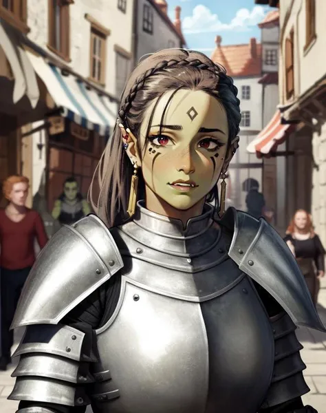 beautiful, (masterpiece:1.2), (best quality:1.2), perfect eyes, perfect face, perfect lighting, knight armor, red eyes, 1girl, orc girl, (green skin:1.2), face portrait, looking at viewer, short black hair, long braid, tusks, face tattoos, (scars:0.9), <lora:orcGirlLora_v10:1>, medieval city background