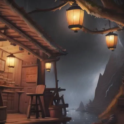 warm tavern, hanging lanterns, oriental, rainy night, intricate, tone mapped, ambient lighting, highly detailed, digital painting, concept art, 4k, <lora:orcGirlLora_v10:1>