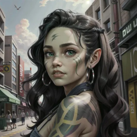 beautiful, (masterpiece:1.2), (best quality:1.2), perfect eyes, perfect face, perfect lighting, teen age girl, 1girl, cute orc girl, green skin, cute tattoo, markings, tall, looking at viewer, street, modern city background, <lora:Orc Girl LoRA:0.75>, (long black hair)