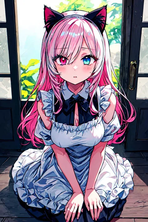 (masterpiece:1.3), (cat girl:1.1), (1girl:1.2), pink hairs, skinny, (highly detailed eyes:1.3), purple left eye, (blue right eye:1.1), (heterochromia:1.2), summer veranda background, in the maid's apron, (only cat ears:1.2), long hairs, (teenager:1.2), (third bust size:1.1), onineko, full body pov, (cat ears:1.2), <lora:cat_lingerie:0.7>, <lora:add_detail:0.9>, <hypernet:sazanamiMioAnime_10:0.4>, <hypernet:qqqrinkapppAnime_v10:0.3>, <lora:liulianpai_lora:0.4>, <lora:Onineko:0.6>