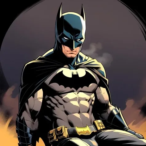 batman,1boy,solo,sitting,black cape,mask,white eyes,no pupils ,superhero,bat ears,pouch,spandex, black bodysuit ,abs,muscular male,utility belt <lora:batman:0.6>